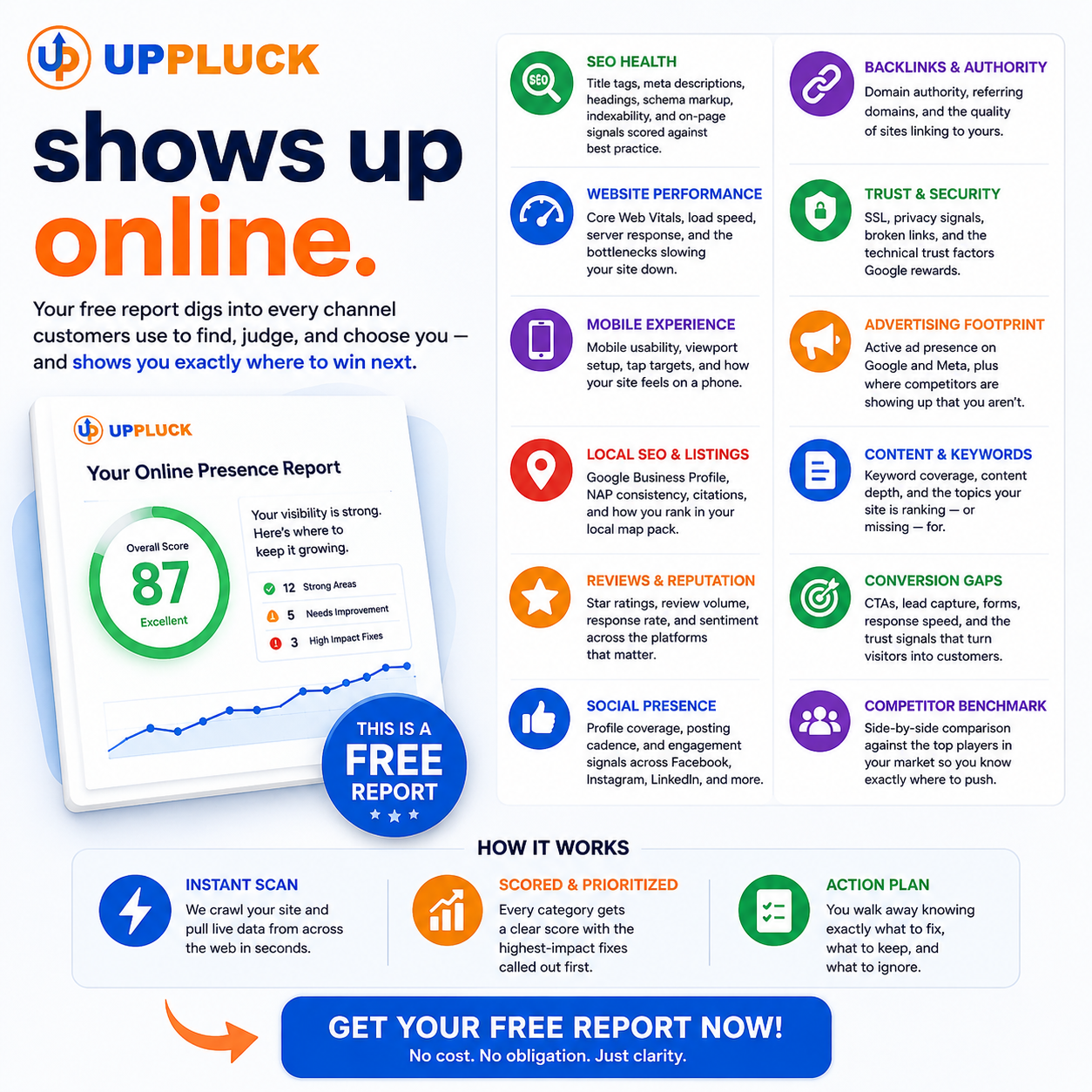 UpPluck — Shows up online. Free online presence report.